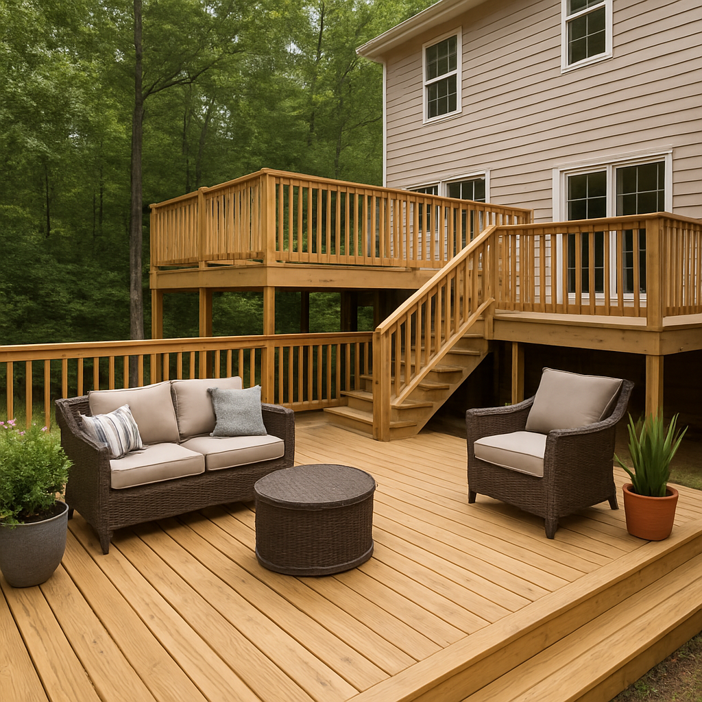 Multi-level wooden deck with stairs